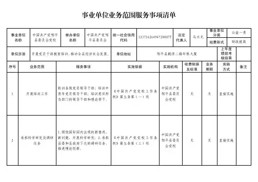 事业单位业务范围服务事项清单