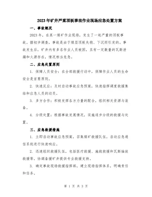 2023年矿井严重顶板事故作业现场应急处置方案