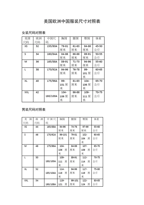 美国欧洲中国服装尺寸对照表