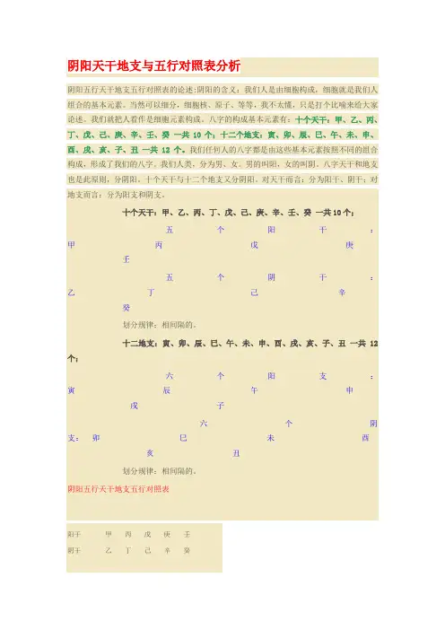 阴阳天干地支与五行对照表分析