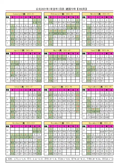 2021年日历-完美A4版本(含周数农历)