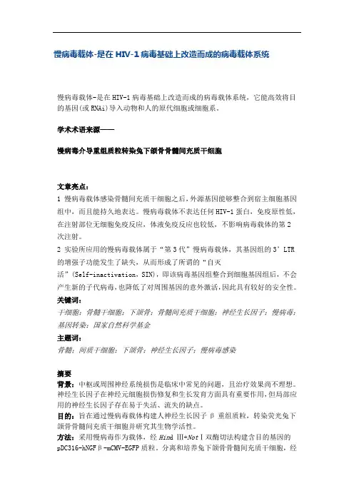 慢病毒载体-是在HIV-1病毒基础上改造而成的病毒载体系统