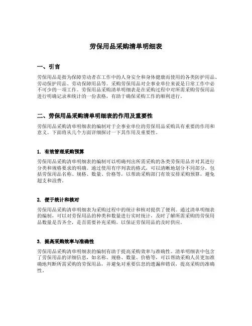 劳保用品采购清单明细表