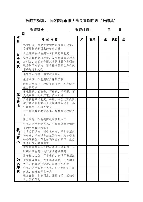 教师系列高、中级职称申报人员民意测评表