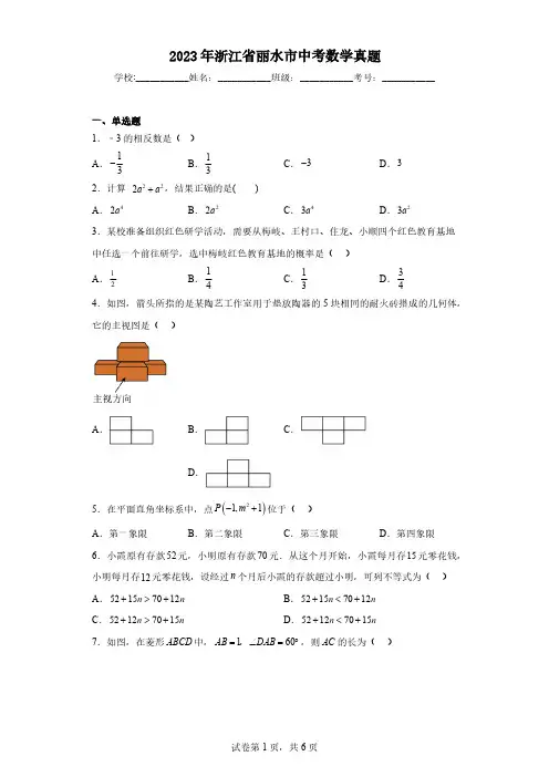 2023年浙江省丽水市中考数学真题(含解析)