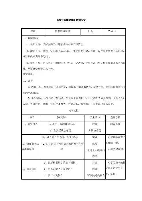 高中美术_楷书结体规律教学设计学情分析教材分析课后反思