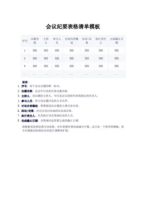 会议纪要表格清单模板