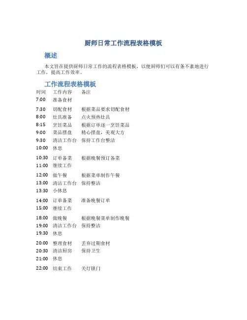 厨师日常工作流程表格模板