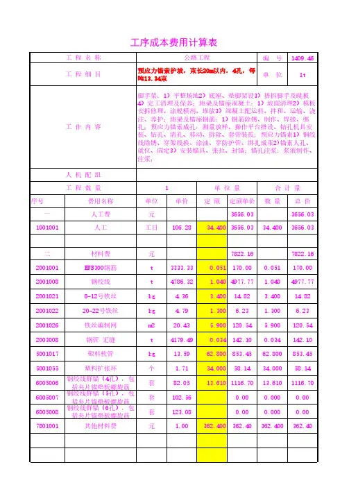 预应力锚索护坡,束长20m以内,4孔,每吨13.34束    工序成本单价20年3月