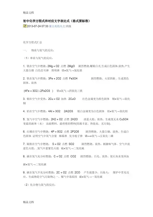 最新初中化学方程式和对应文字表达式