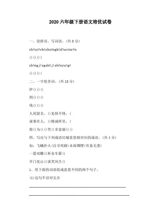 2020六年级下册语文培优试卷