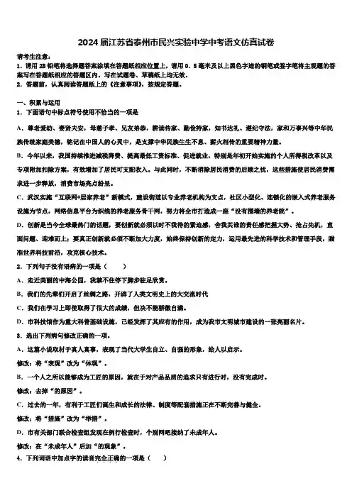 2024届江苏省泰州市民兴实验中学中考语文仿真试卷含解析