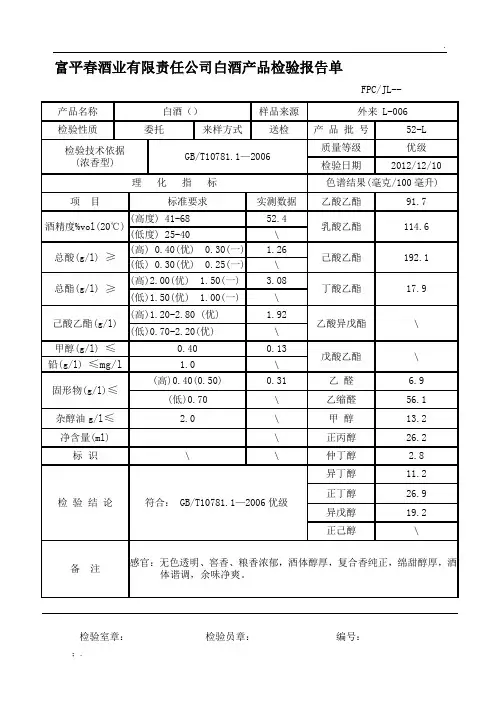 成品白酒检验报告单(高、低度白酒)