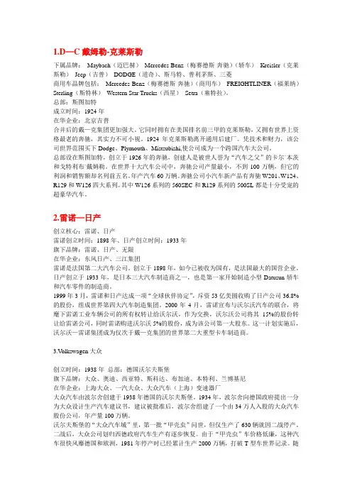 世界十大汽车公司旗下品牌