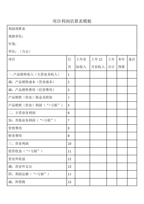 项目利润估算表模板