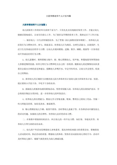 大班学期老师个人计划5篇