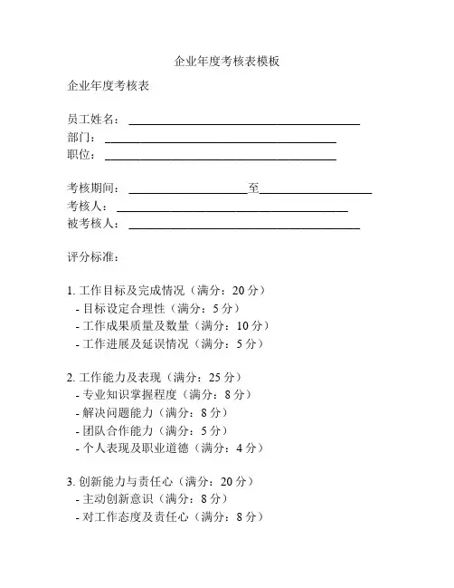 企业年度考核表模板