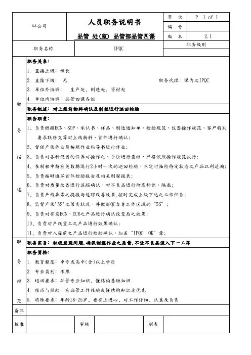 品管部品管四课IPQC职务说明书