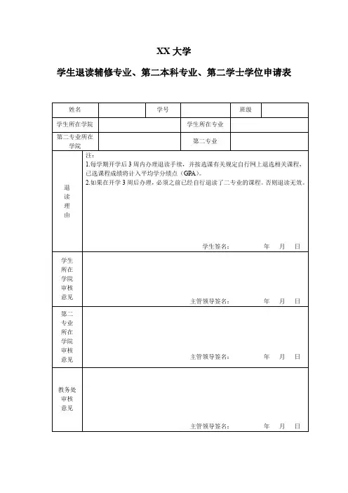 XX大学学生退读辅修专业、第二本科专业、第二学士学位申请表【模板】
