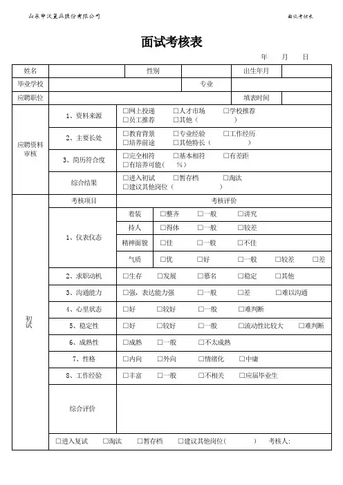 应聘人员面试考核表