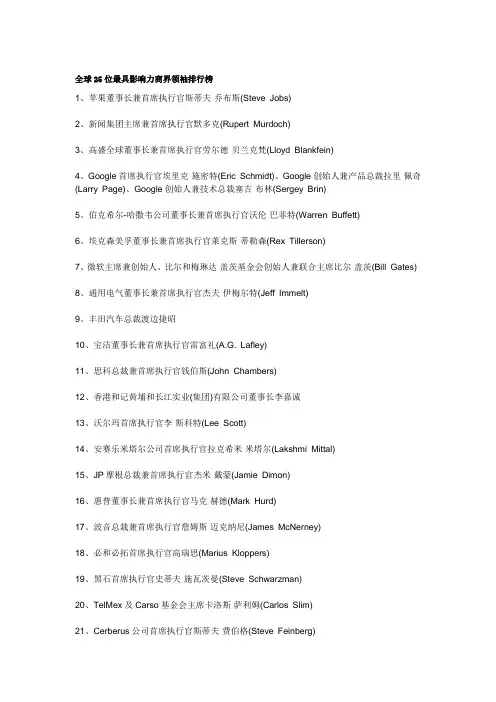 全球25位最具影响力商界领袖排行榜