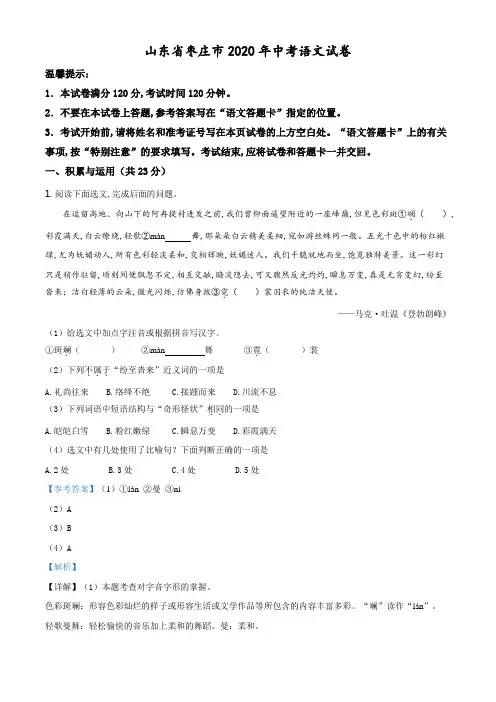 精品解析：山东省枣庄市2020年中考语文试题(解析版).doc