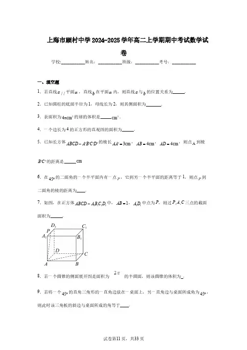 上海市顾村中学2024-2025学年高二上学期期中考试数学试卷