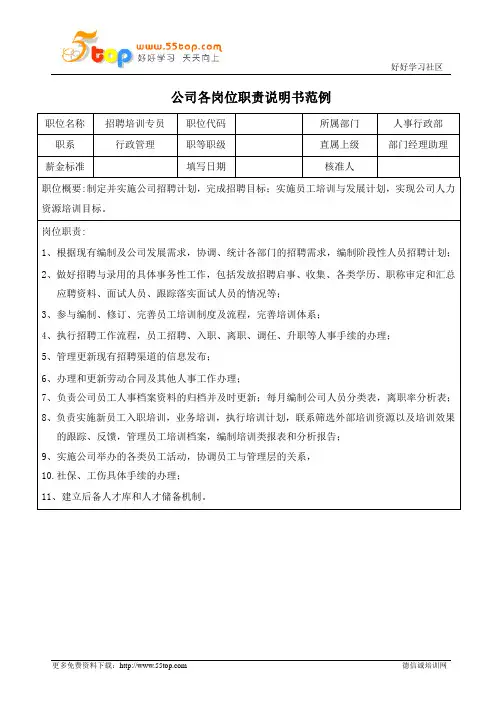招聘培训专员岗位职责说明书