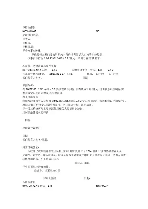 能源体系内审不符合报告