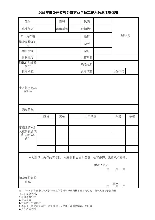 2023年度公开招聘乡镇事业单位工作人员报名登记表