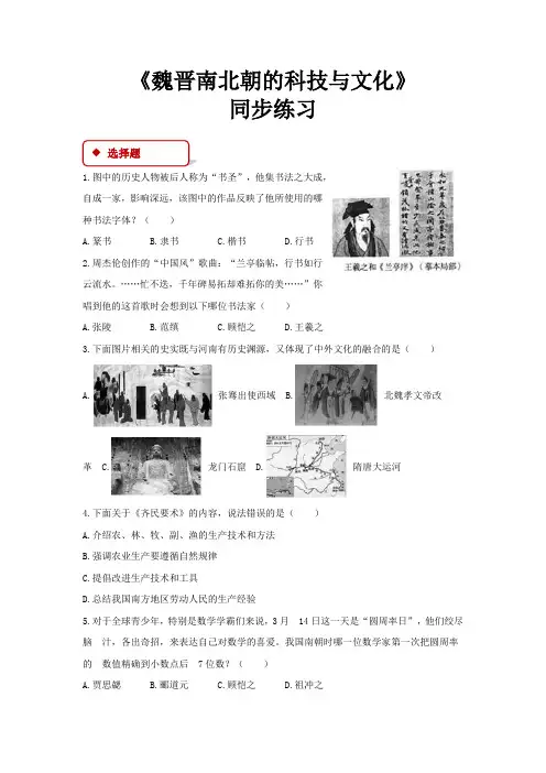 初中部编统编人教版历史七年级上册 第20课【同步练习】《魏晋南北朝的科技与文化》