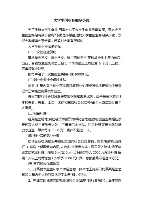 大学生创业补贴多少钱