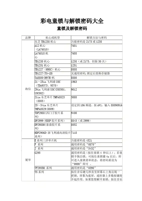 彩电童锁与解锁密码大全