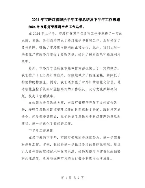 2024年市路灯管理所半年工作总结及下半年工作思路