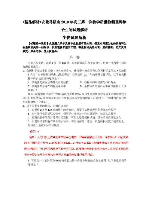 (精品解析)安徽马鞍山2019年高三第一次教学质量检测理科综合生物试题解析.doc