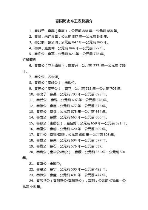 秦国历史帝王表及简介