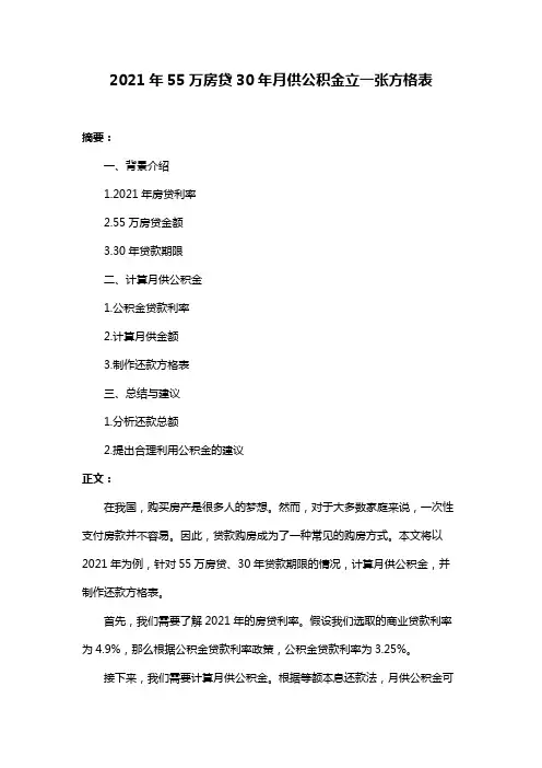 2021年55万房贷30年月供公积金立一张方格表