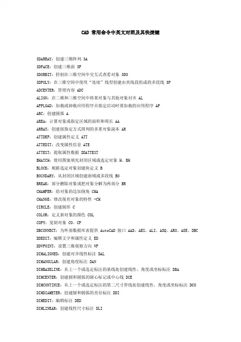 CAD 常用命令中英文对照及其快捷键