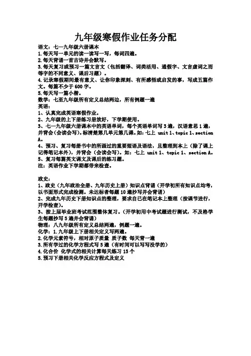 九年级寒假作业任务分配