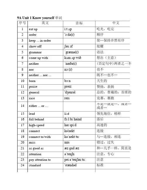 新版译林牛津英语9A单词表