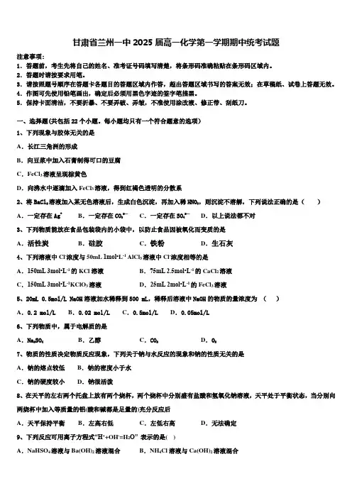 甘肃省兰州一中2025届高一化学第一学期期中统考试题含解析