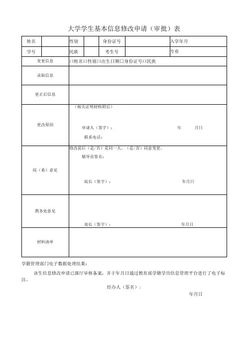 大学学生基本信息修改申请审批表学生学籍信息修改责任承诺书