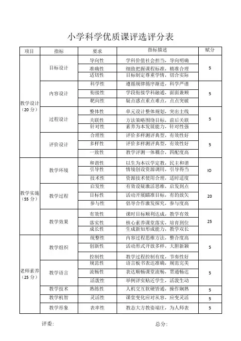 小学科学优质课评选评分表