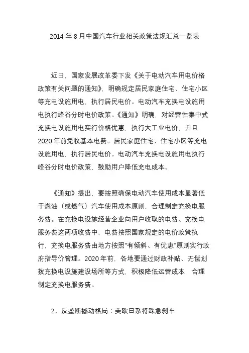 2014年8月中国汽车行业相关政策法规汇总一览表