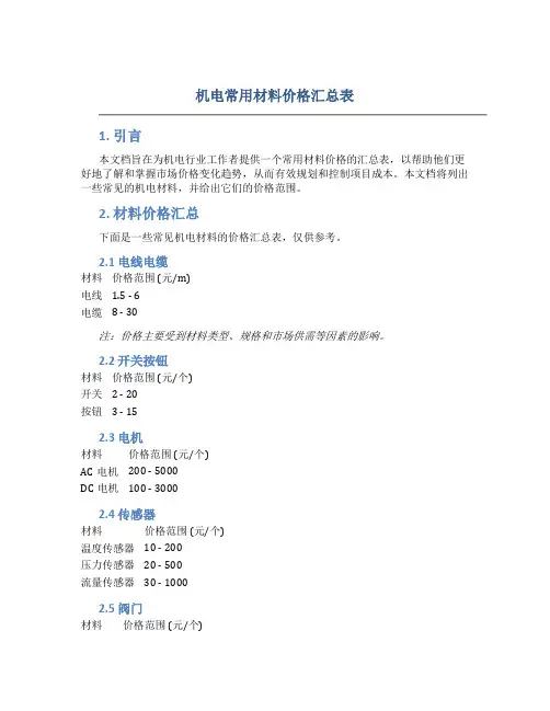 机电常用材料价格汇总表