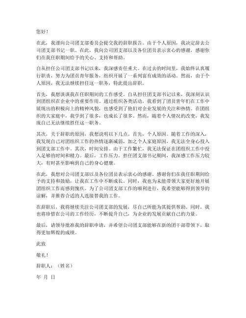 公司团支部书记辞职报告