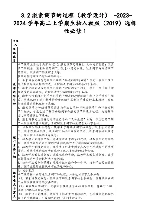 3.2激素调节的过程(教学设计 -2023-2024学年高二上学期生物人教版(2019)选择性必修1