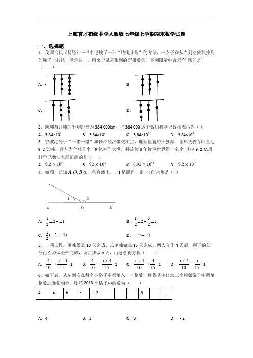 上海育才初级中学人教版七年级上学期期末数学试题