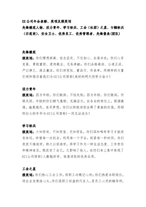 公司年会、表彰各奖项及颁奖词
