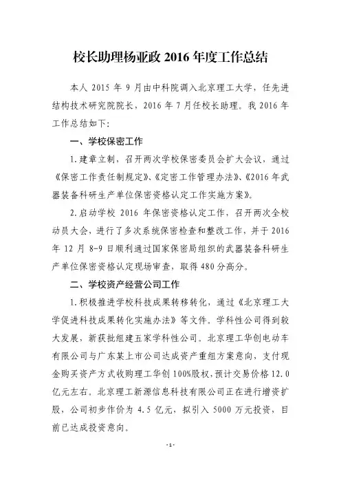 校长助理杨亚政2016年度工作总结